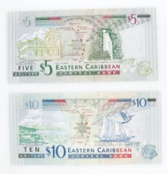 East Caribbean States. Lot (2) 5/10 Dollars. Banknote. Type 2003-2008. - UNC.