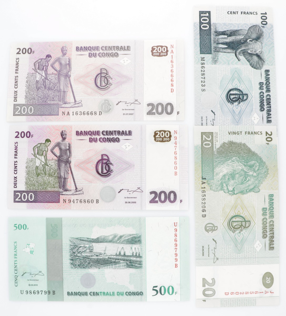 Congo. Lot (5) 20/100/2x200/500 Francs. Banknote. Type 2000-2010. - UNC.