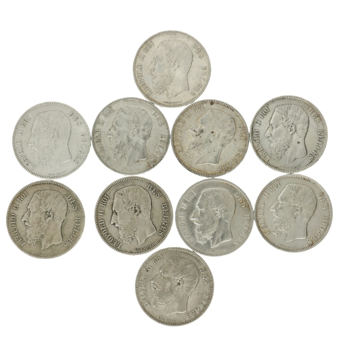 Belgium. Leopold II. Lot (10) 5 Francs. 1867, 68, 70, 71, 73 and 74.