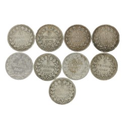 France. Second kingdom. Louis Philippe I. Lot (9) 5 Francs. 1831 A, 1833 A and K, 1834 B and W, 1837 B, 1841 W and 1847 A.