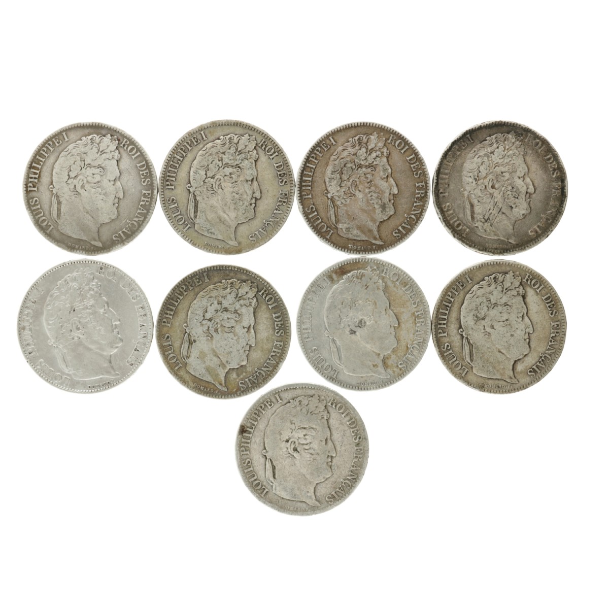 France. Second kingdom. Louis Philippe I. Lot (9) 5 Francs. 1831 A, 1833 A and K, 1834 B and W, 1837 B, 1841 W and 1847 A.