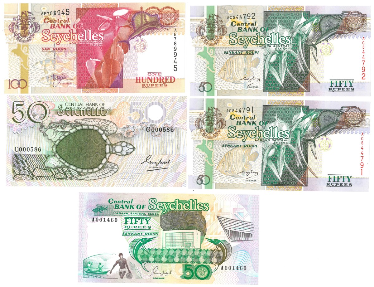 Seychelles. Lot (5) 4x50/100 Rupees. Banknote. Type 1983-2011. - UNC.