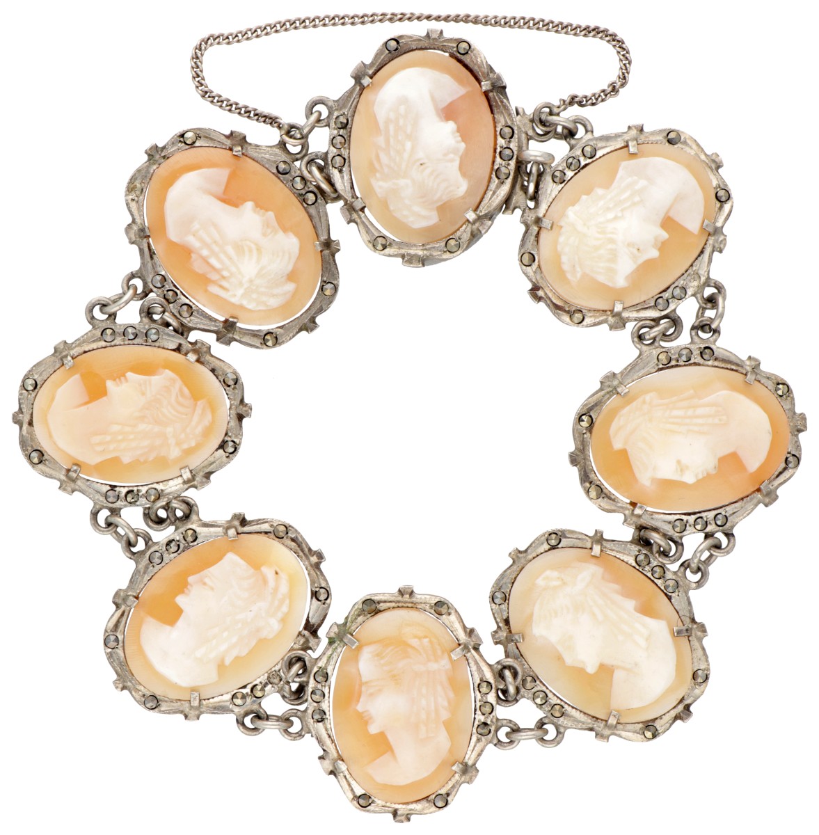 835 Zilveren armband bezet met cameeën en markasieten.