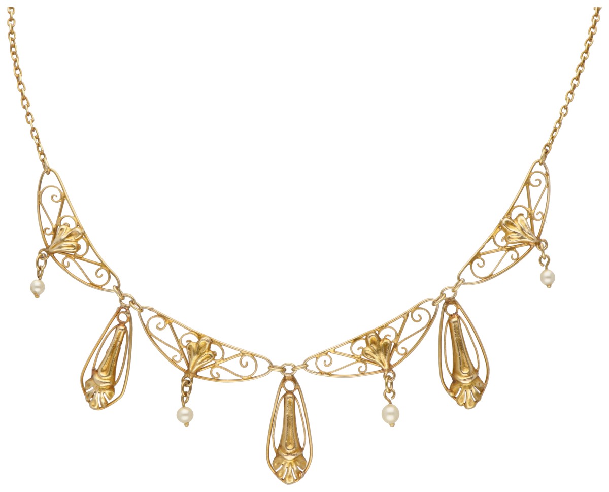 14 kt. Geelgouden art nouveau collier met witte parels.