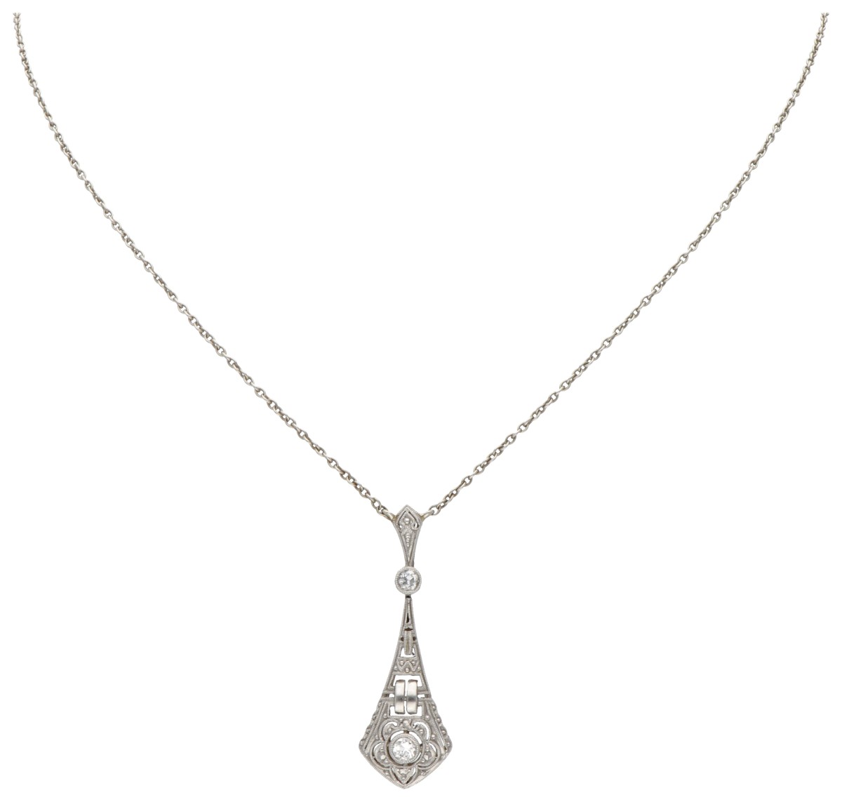 14 kt. Witgouden art deco collier en hanger bezet met ca. 0.12 ct. diamant.