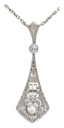 14 kt. Witgouden art deco collier en hanger bezet met ca. 0.12 ct. diamant.