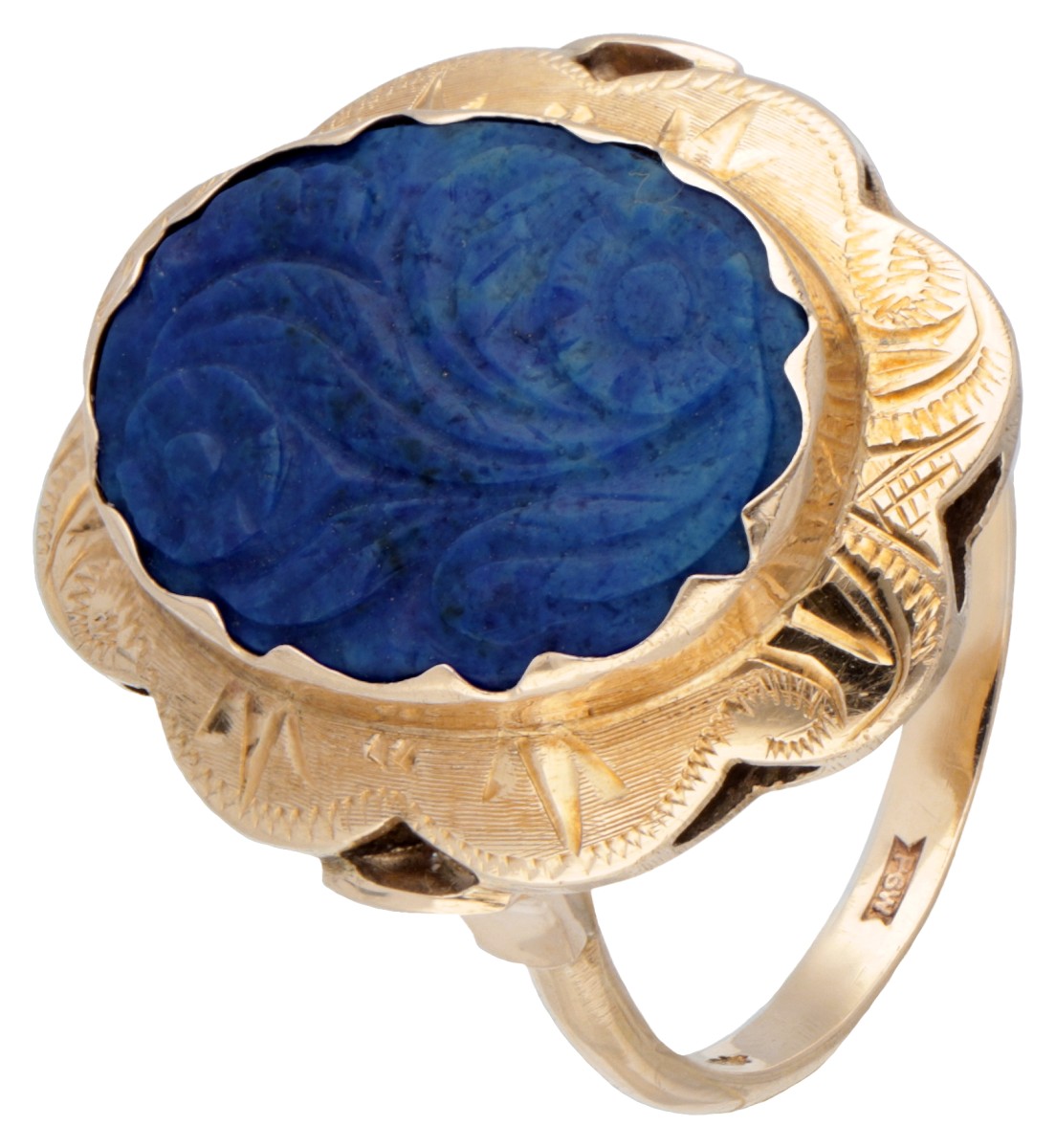 14 kt. Geelgouden vintage ring bezet met gesneden lapis lazuli.