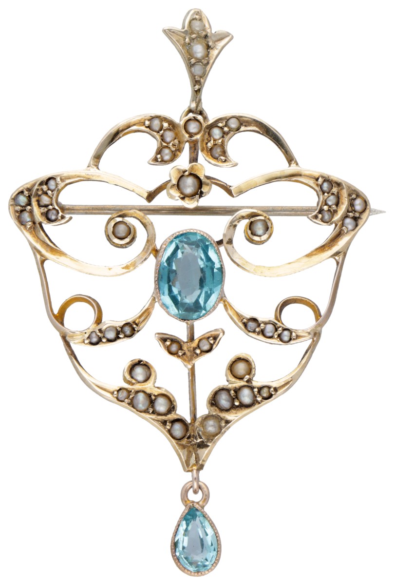 BWG 9 kt. geelgouden Edwardiaanse broche / hanger bezet met zaadparels en blauwe kleursteen.