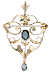 BWG 9 kt. geelgouden Edwardiaanse broche / hanger bezet met zaadparels en blauwe kleursteen.