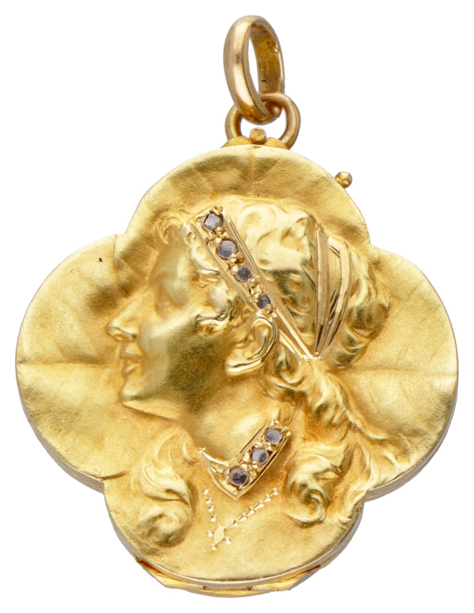 14 kt. Geelgouden art nouveau klavertjevier medaillon met vrouwenportret en profil en diamant.