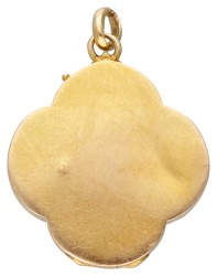14 kt. Geelgouden art nouveau klavertjevier medaillon met vrouwenportret en profil en diamant.