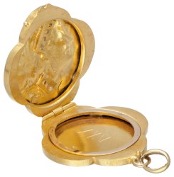 14 kt. Geelgouden art nouveau klavertjevier medaillon met vrouwenportret en profil en diamant.