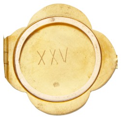 14 kt. Geelgouden art nouveau klavertjevier medaillon met vrouwenportret en profil en diamant.