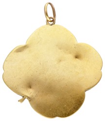 20 kt. Geelgouden art nouveau repoussé hanger bezet met diamant en glasgranaat.
