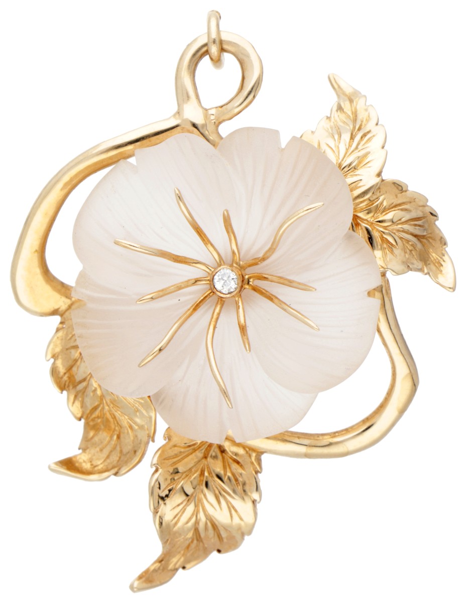 Franklin Mint 14 kt. geelgouden hanger bezet met een bloem vervaardigd uit kwarts en een diamant.