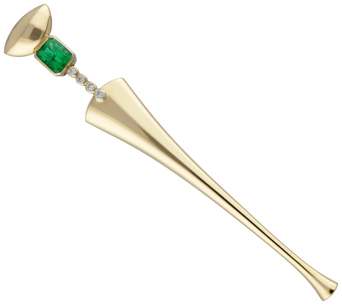 18 kt. Geelgouden broche bezet met ca. 1.11 ct. natuurlijke smaragd en ca. 0.12 ct. diamant.