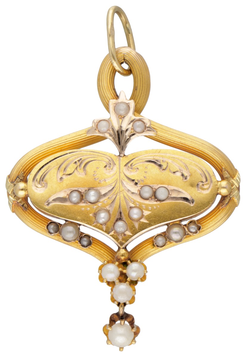 14 kt. Geelgouden art nouveau hanger bezet met zaadparels.