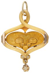 14 kt. Geelgouden art nouveau hanger bezet met zaadparels.