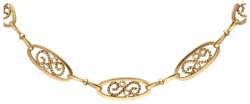 18 kt. Geelgouden art nouveau collier met sierlijke details en navette-vormige schakels.
