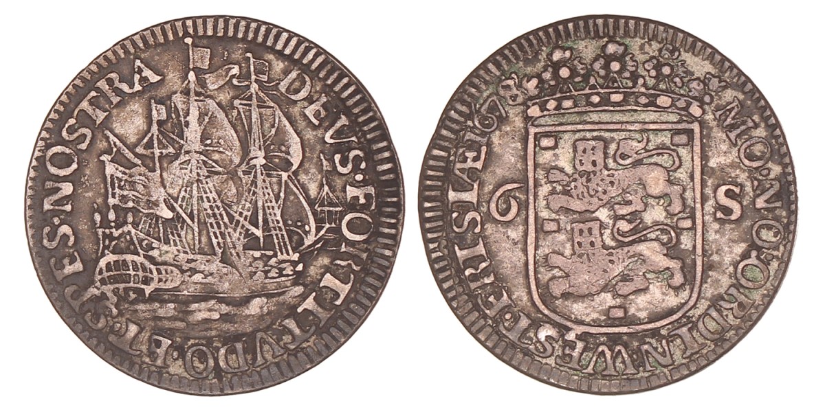 Scheepjesschelling van 6 stuiver. Enkhuizen. 1678. Zeer Fraai.