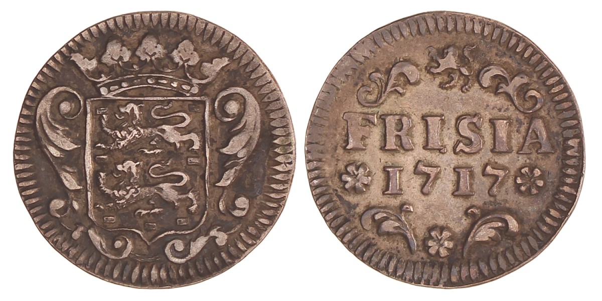 Achtste stuiver of duit. Friesland. 1717. Zeer Fraai.