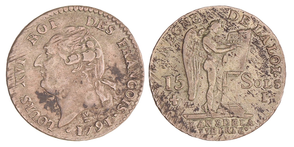 France. Kingdom. Louis XVI. 15 Sols. 1791 I.