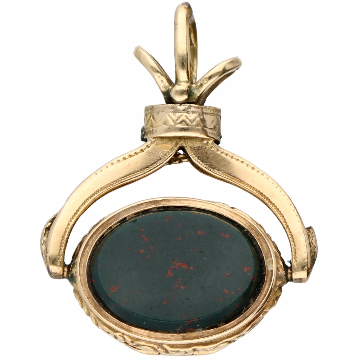 Geelgouden cachet hanger en medaillon, met heliotroop en lagensteen - BWG 10 kt.