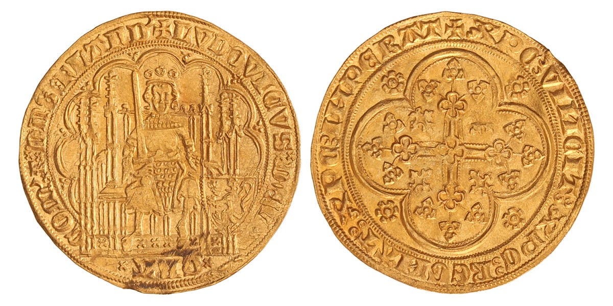 Nieuw gouden schild (met leeuw). Vlaanderen. Lodewijk van Male. Z.j. (1370 - 1380). Zeer Fraai / Prachtig.