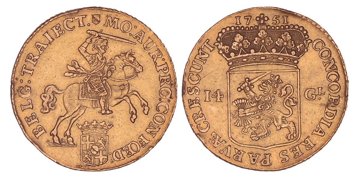 Gouden rijder van 14 gulden Utrecht 1751. Zeer fraai / Prachtig (Ex montage).