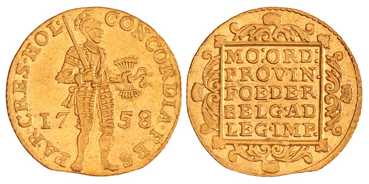 Gouden dukaat. Holland. 1758. Zeer Fraai / Prachtig.