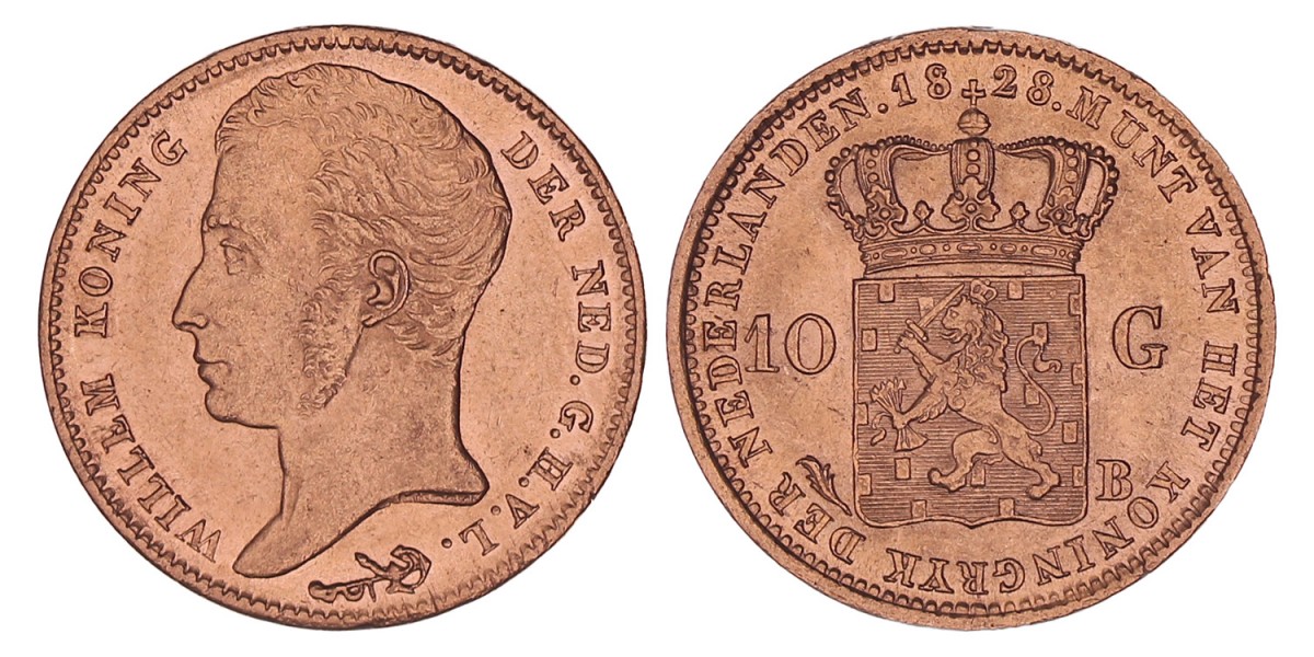 10 Gulden goud Willem I 1828 B. Prachtig +.