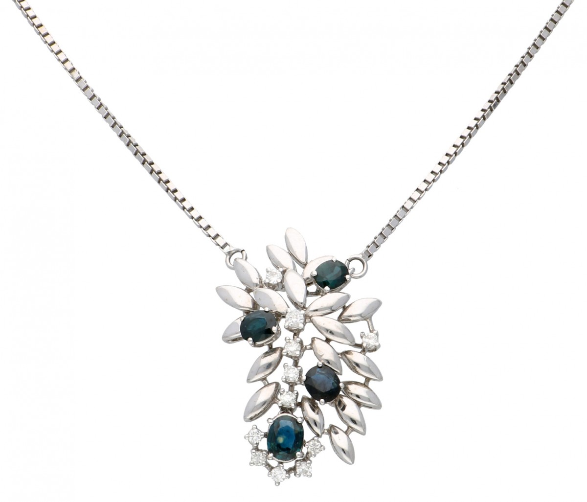 Witgouden venetiaans schakelcollier met hanger, met ca. 0.29 ct. diamant en natuurlijke saffier - 18 kt.