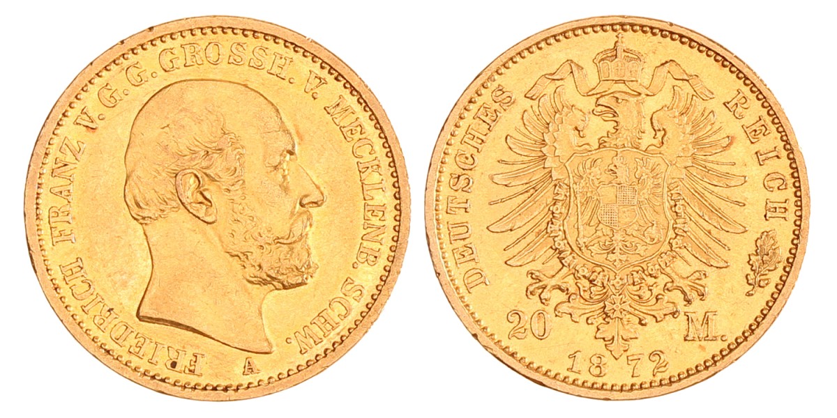German states. Mecklenburg-Schwerin. Friedrich Franz II. 20 Mark. 1872 A.