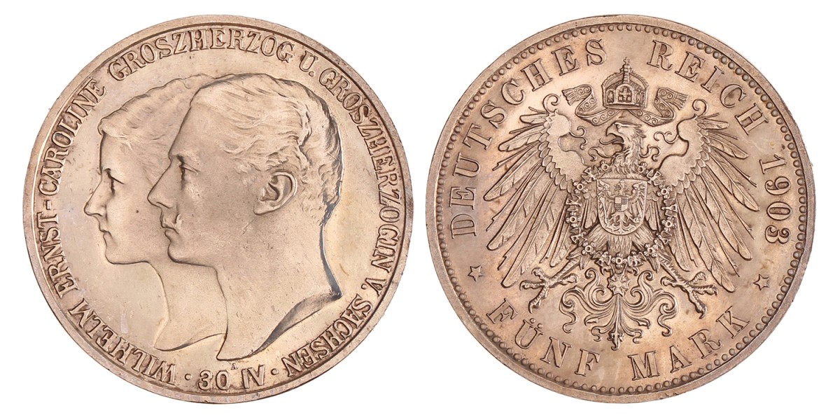 German states. Saxony-Weimar-Eisenach. Wilhelm Ernst. 5 Mark. 1903 A.