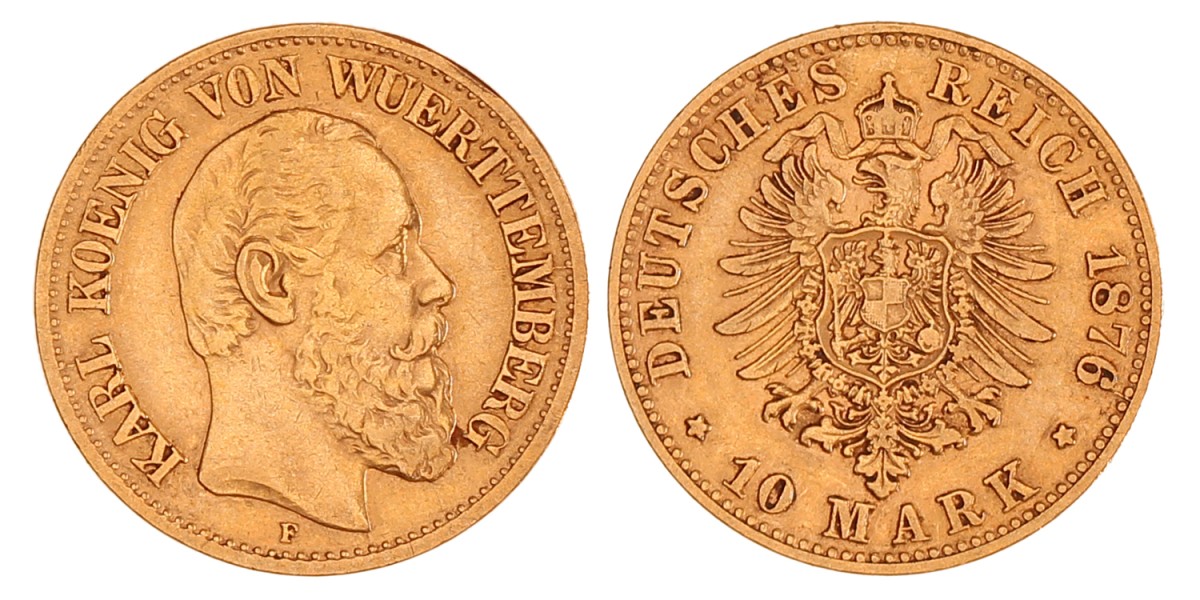 German states. Württemberg. Karl. 10 Mark. 1876 F.