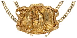 Antiek Frans 18K geelgouden festoencollier met Bijbelse voorstelling van Maria visitatie gemaakt door Georges Jacta. 