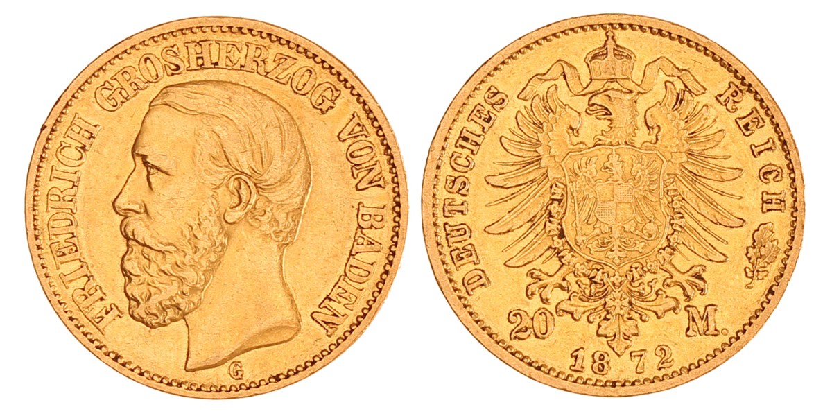 German states. Baden. Friedrich. 20 Mark. 1872 G.