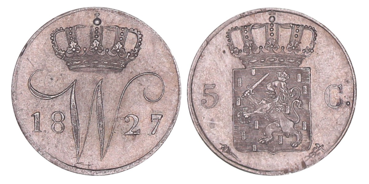 5 Cent Willem I 1827 U. FDC (justeerstrepen).