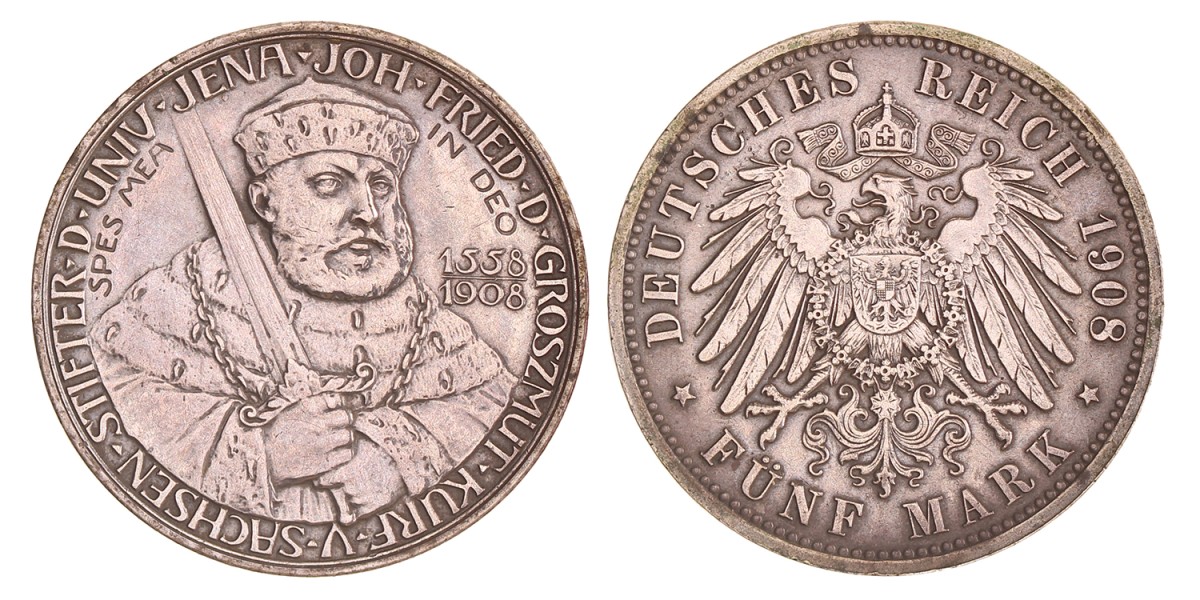 German states. Saxony-Weimar-Eisenbach. Wilhelm Ernst. 5 Mark. 1908 .
