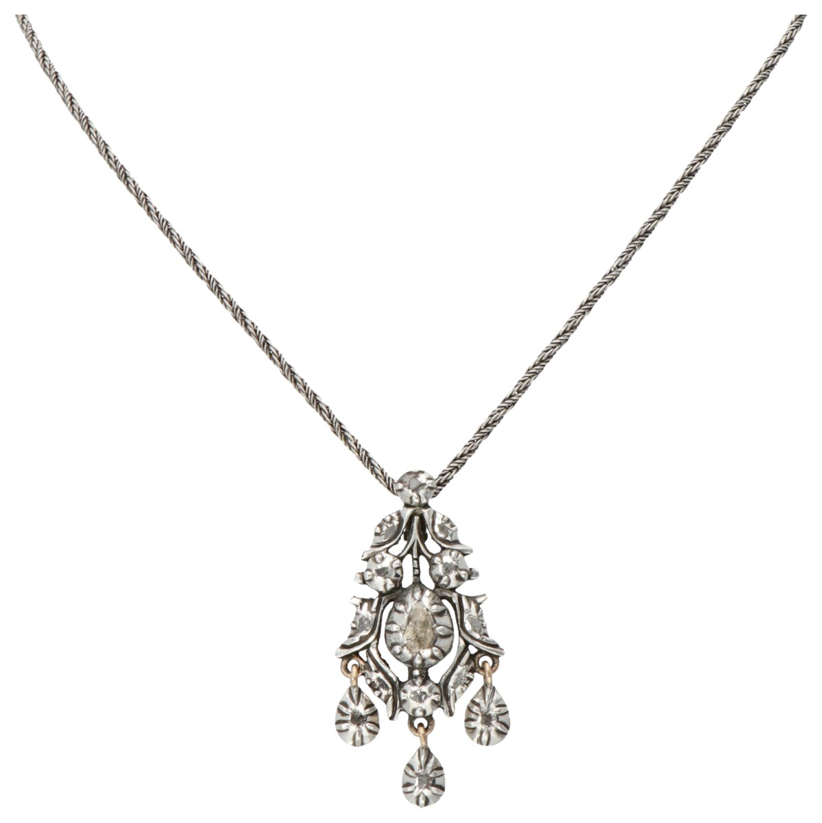 Sterling zilveren collier en vintage hanger bezet met roos geslepen diamanten.