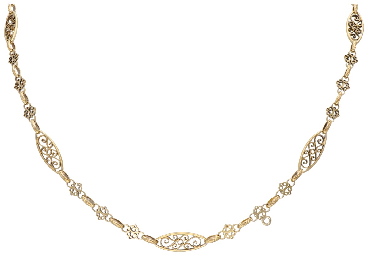 Vintage 18 kt. geelgouden collier met navette-vormige schakels en filigrain.