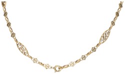 Vintage 18 kt. geelgouden collier met navette-vormige schakels en filigrain.