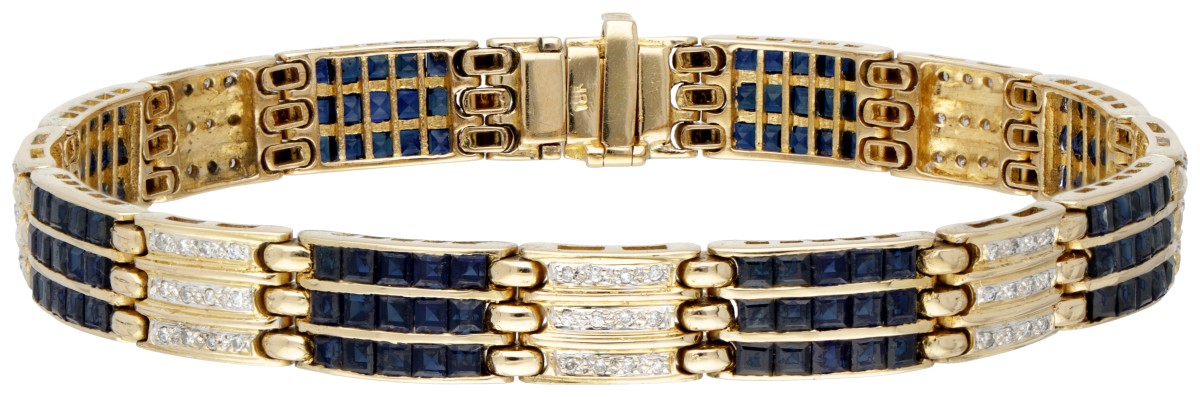 18 kt. Geelgouden vintage armband bezet met ca. 0.46 ct. diamant en ca. 9.60 ct. natuurlijke saffier.