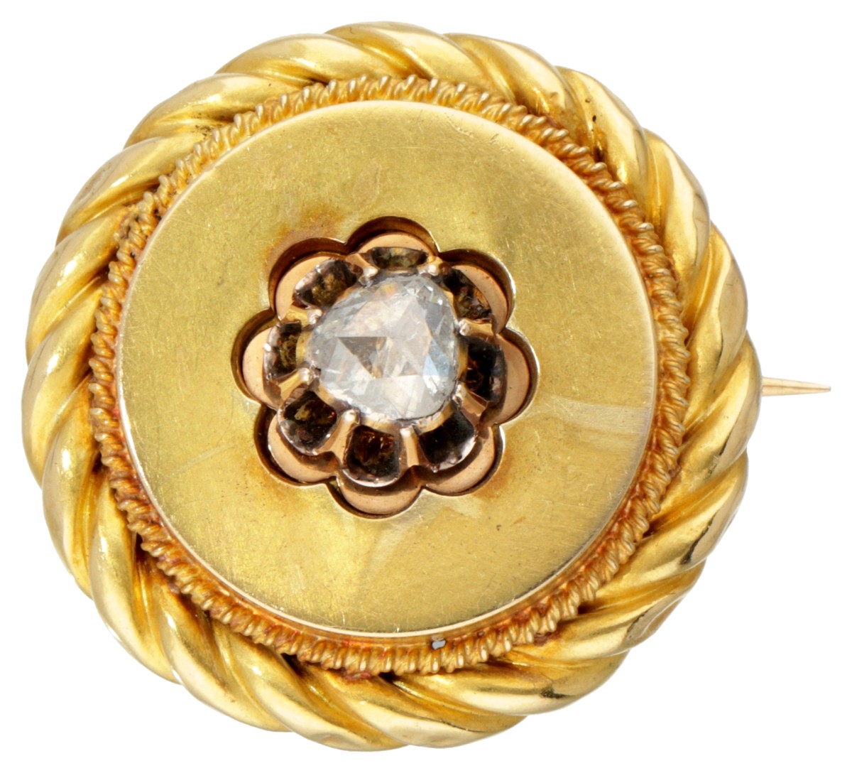 14 kt. Geelgouden antieke broche met dubbele koordrand, bezet met diamant.