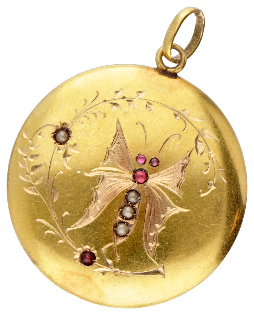 Antieke 18 kt. geelgouden hanger bezet met strass-stenen en zaadparels.