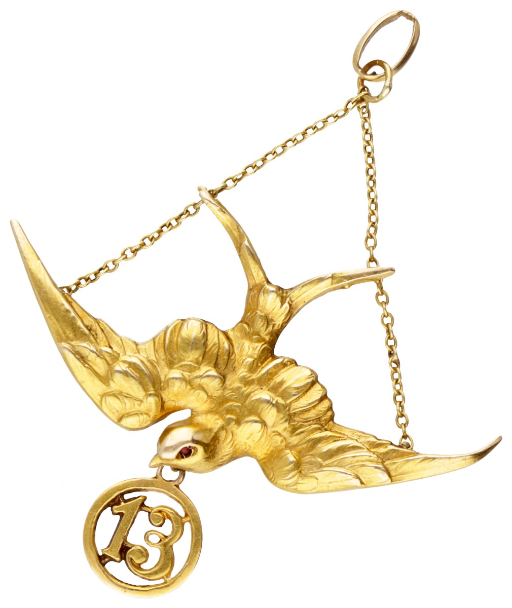 18 kt. Geelgouden 'Lucky number 13' hanger in de voorstelling van een zwaluw.