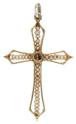 14 kt. Bicolor gouden kruisvormige hanger bezet met zaadparels.