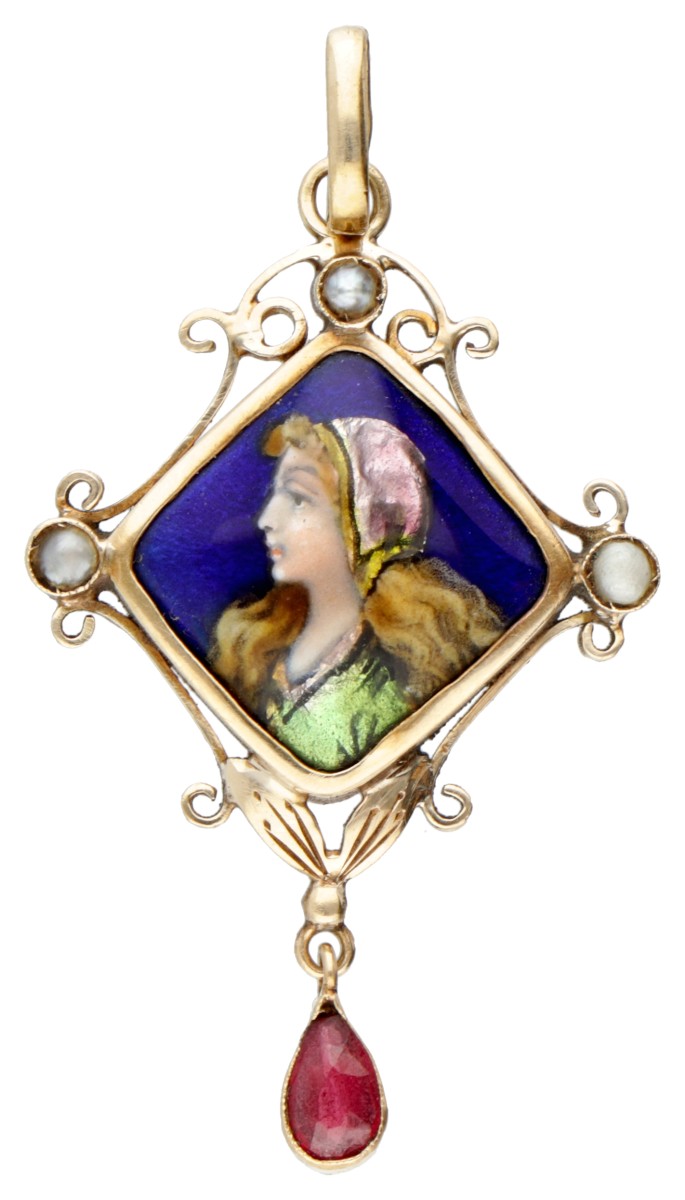 14 kt. Geelgouden Limoges emaille hanger door Louis Clement met een portret van een vrouw.