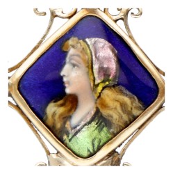 14 kt. Geelgouden Limoges emaille hanger door Louis Clement met een portret van een vrouw.