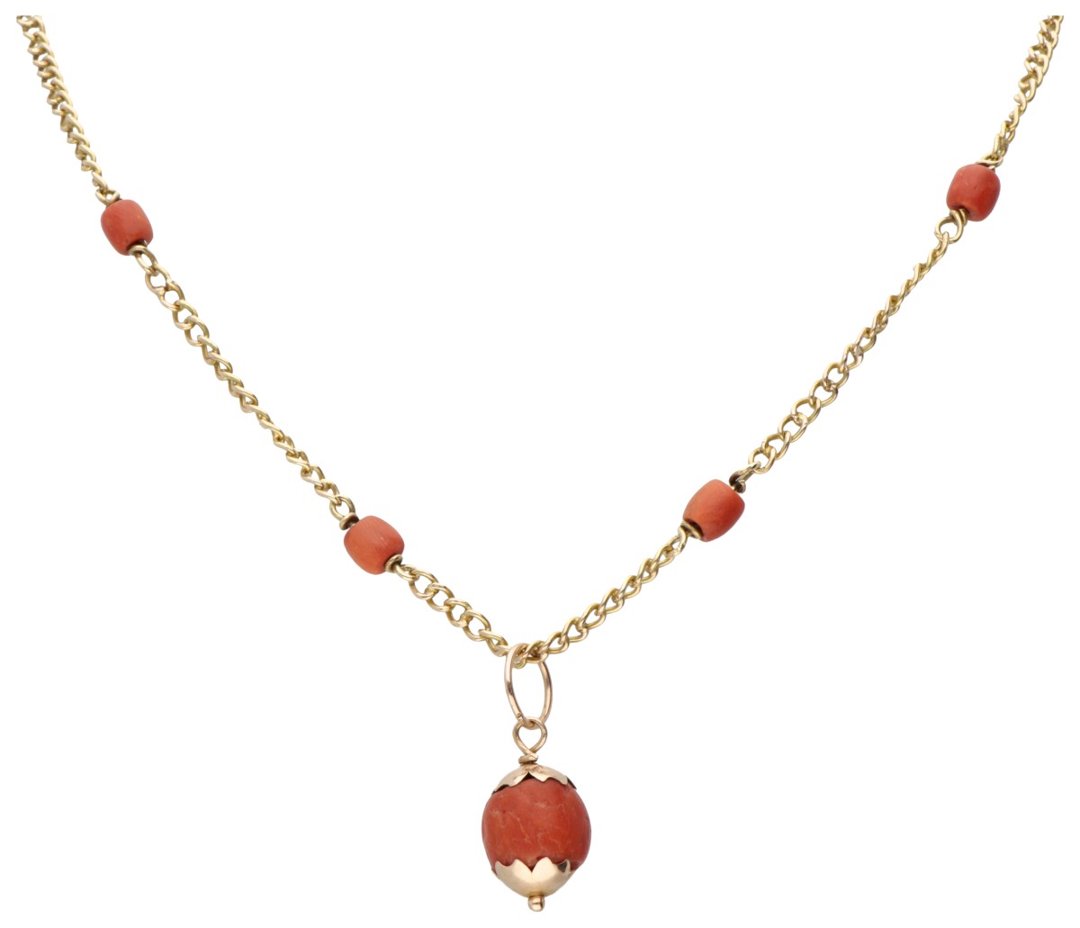 14 kt. Geelgouden vintage collier en hanger bezet met bloedkoralen.